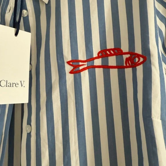 🤩 RARE Clare V Blue/White Stripe Dress w/ red embroidered sardine detail - Small - Picture 4 of 7
